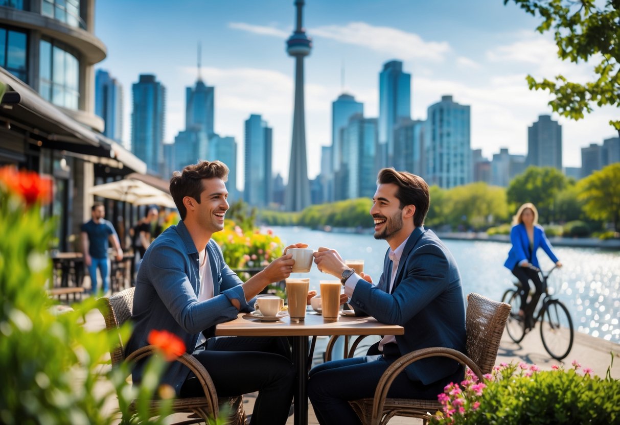 A young couple enjoying coffee together at an outdoor cafe with the Toronto skyline and CN Tower in the background on a sunny day.