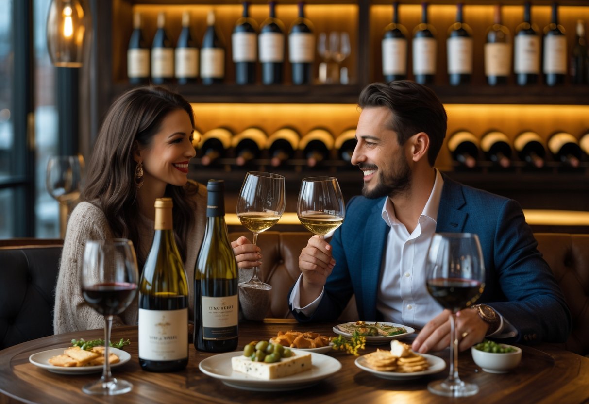 A couple enjoying wine tasting together at a cozy wine bar with wine glasses, bottles, and appetizers on the table.