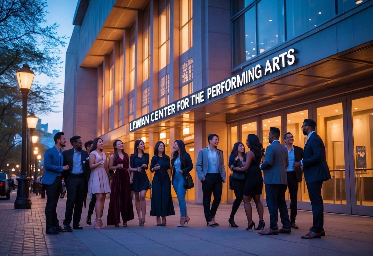 Young couples and friends gathered outside the Lehman Center for the Performing Arts in the Bronx at dusk, preparing to attend a show.