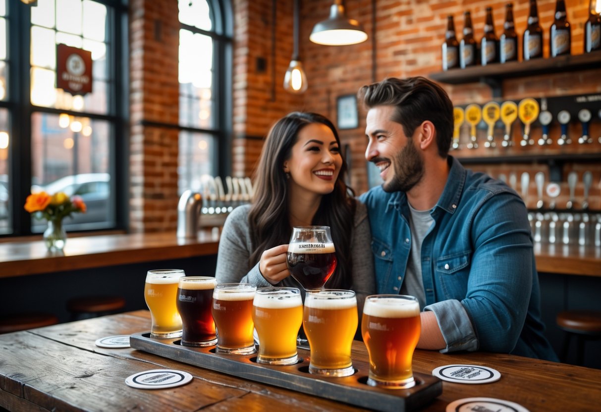 A young couple enjoying craft beers together at a wooden table inside a cozy brewery with exposed brick walls and warm lighting.