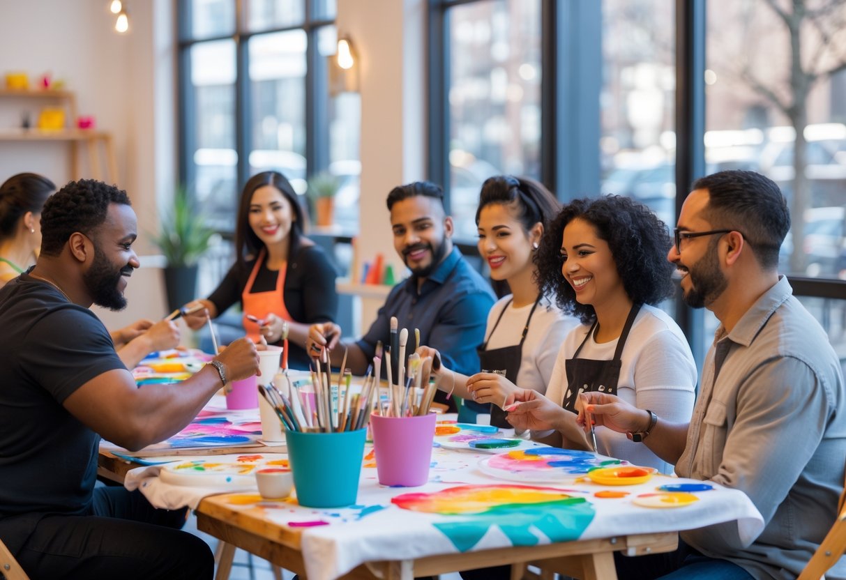 A group of adults engaged in a creative workshop at an art studio, painting and enjoying their time together.