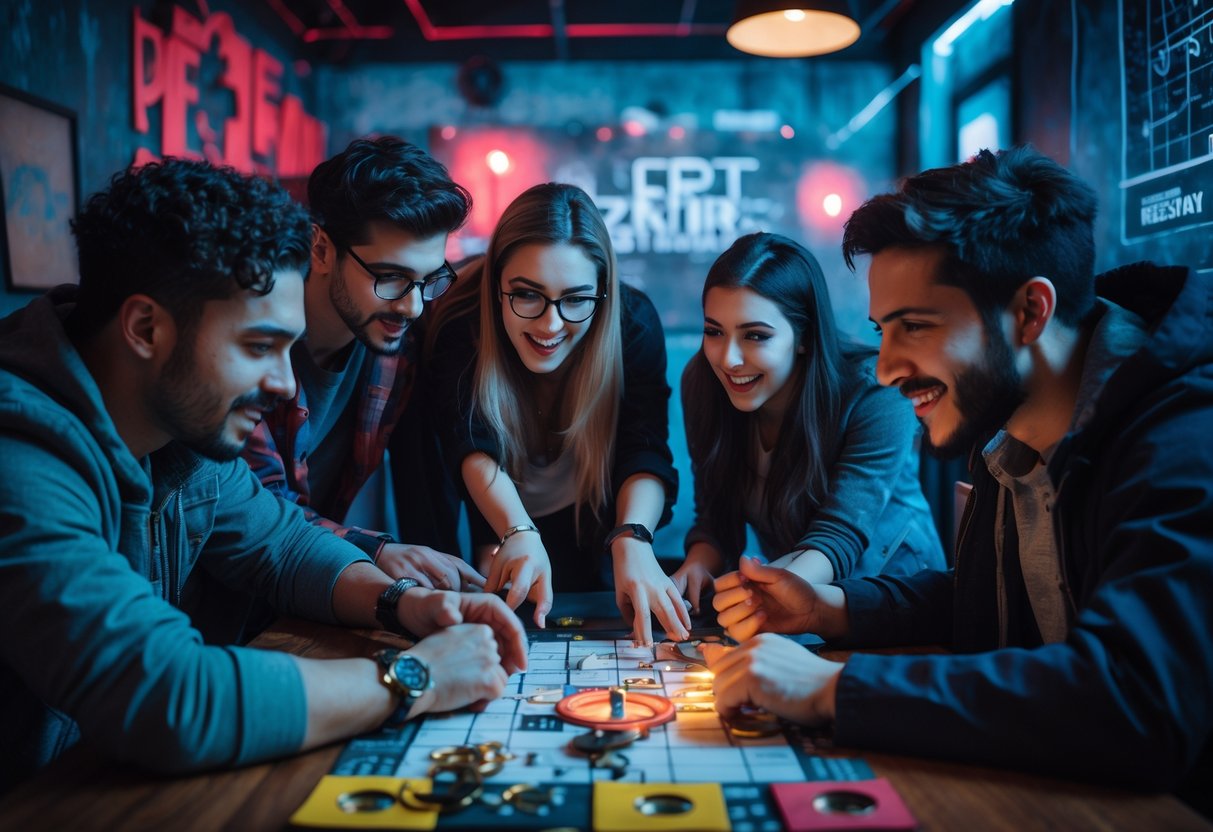 A group of young adults working together on puzzles in an escape room setting.