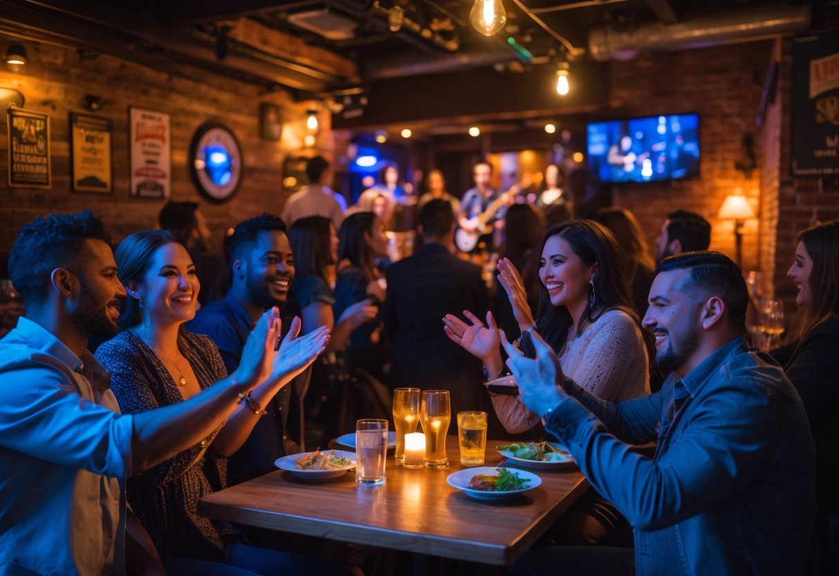Couples and friends enjoying live music and drinks inside a cozy tavern with warm lighting and rustic decor.