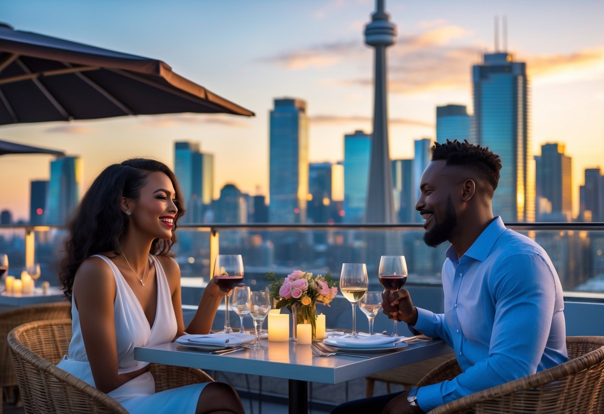 A couple enjoying a romantic outdoor dinner with a view of the Toronto skyline at sunset.