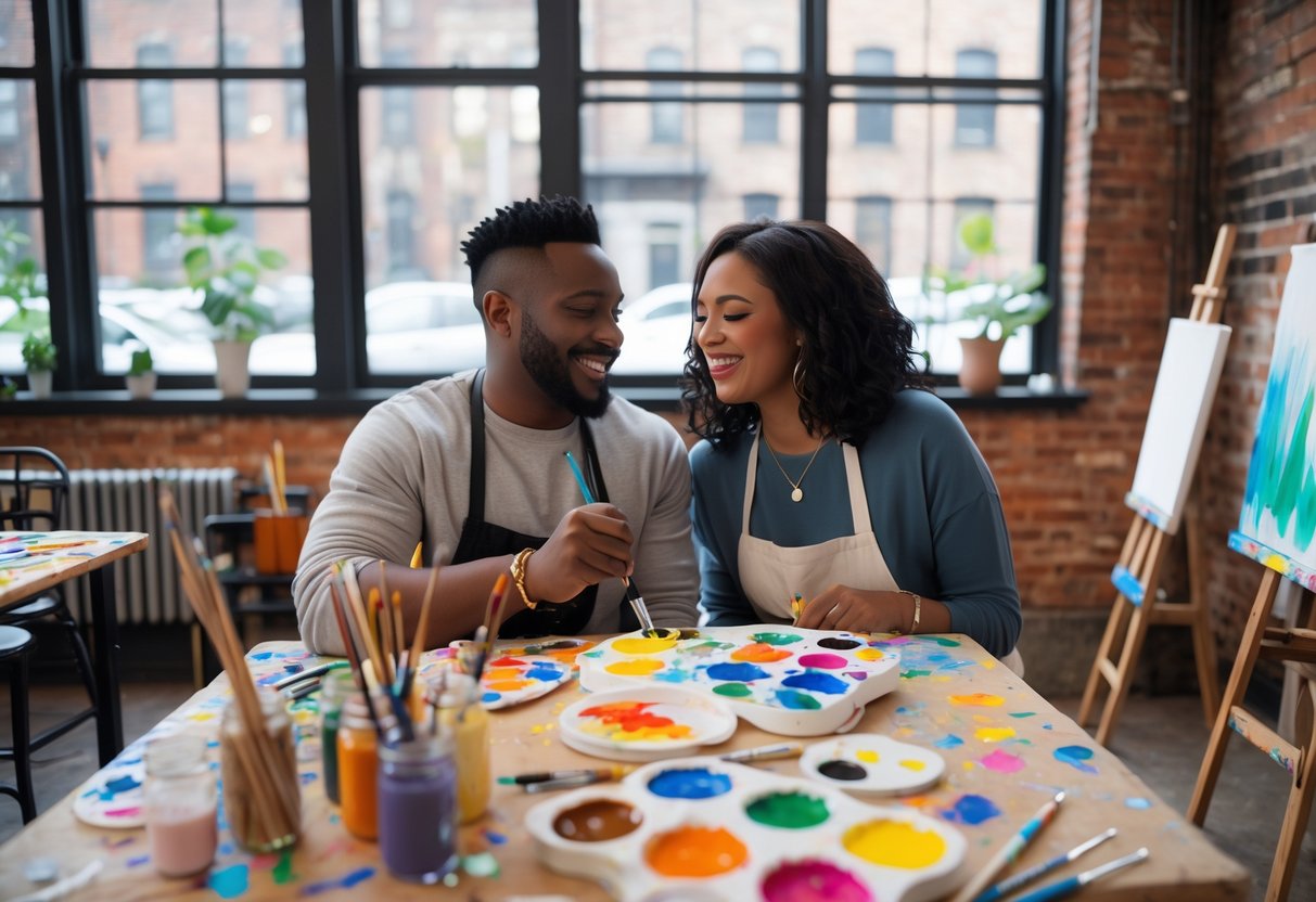A couple enjoying a paint class together in a bright studio with art supplies and large windows showing an urban neighborhood outside.