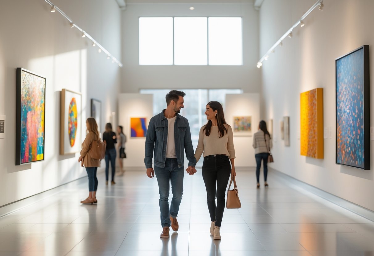 A couple walking hand-in-hand through a bright art gallery, looking at paintings and sculptures.