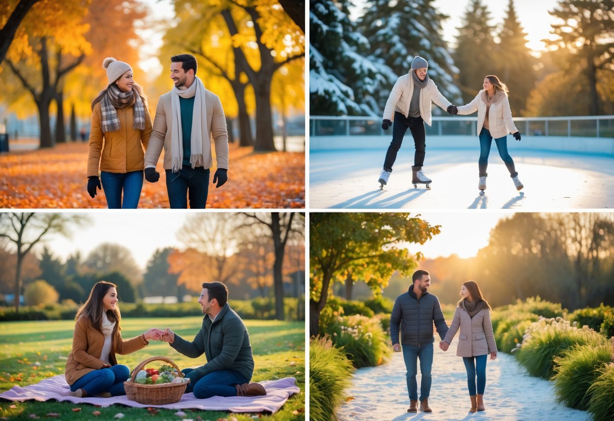 Four scenes showing couples enjoying seasonal dates: walking in autumn leaves, ice skating in winter, picnicking in spring flowers, and walking on a summer beach at sunset.