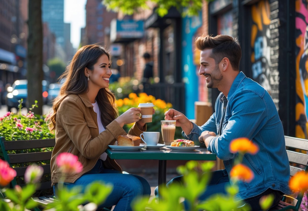 A young couple enjoying a sunny afternoon date outdoors in The Bronx, surrounded by greenery and urban street art.