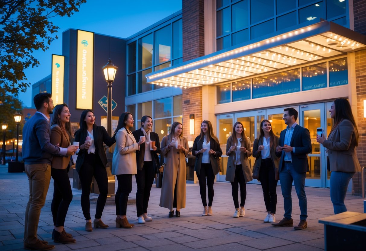 Couples and friends gathering outside the Burlington Performing Arts Centre in the evening, enjoying a night out.