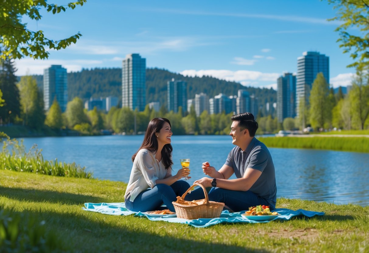 A young couple sitting on a picnic blanket by a lake in a park with city buildings and trees in the background.