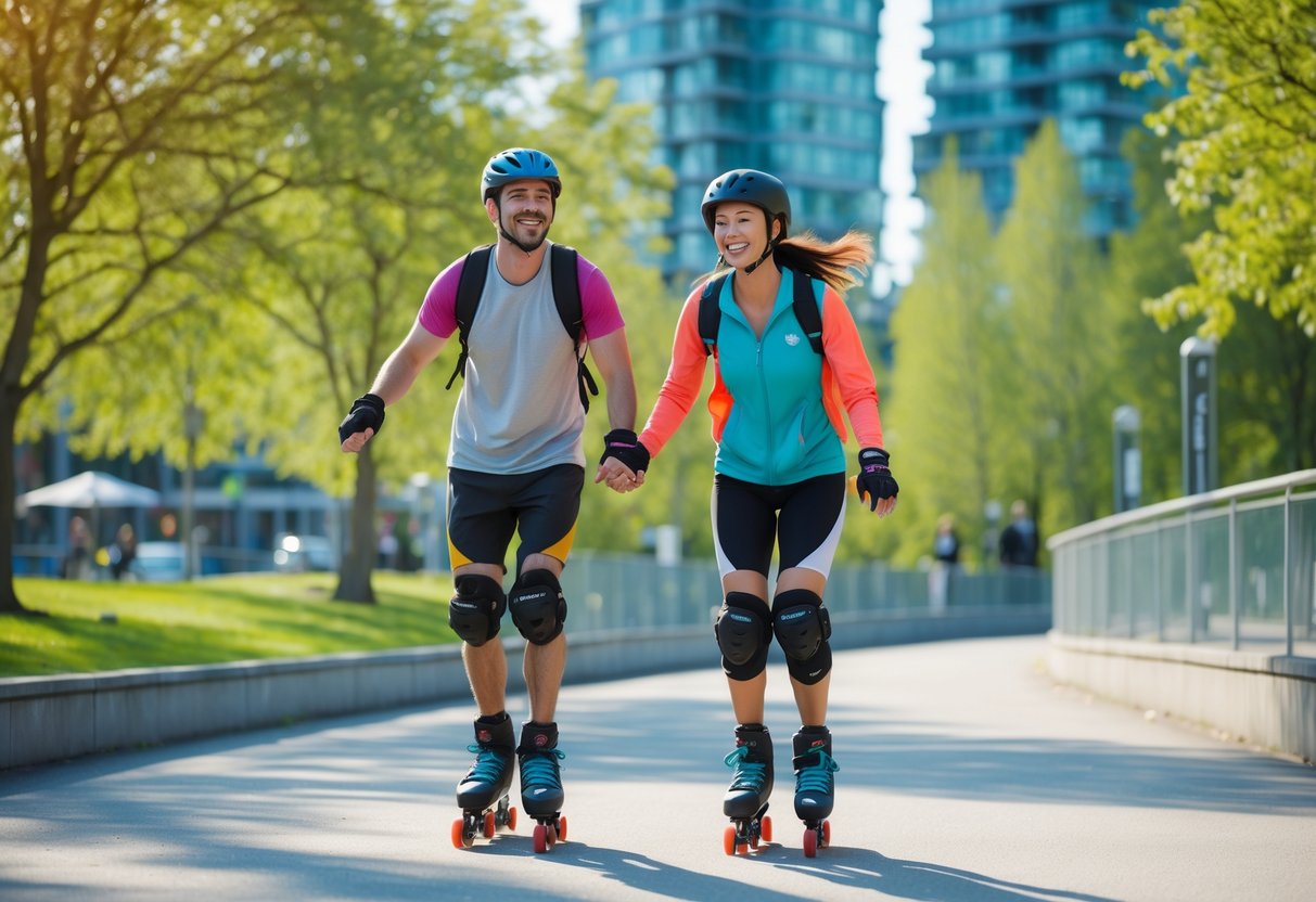 A young couple rollerblading hand in hand on a sunny paved path in a park with trees and city buildings in the background.