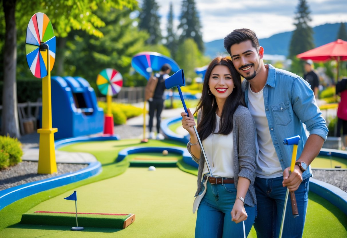 A young couple playing mini-golf outdoors on a sunny day, smiling and aiming at the hole on a colorful course.