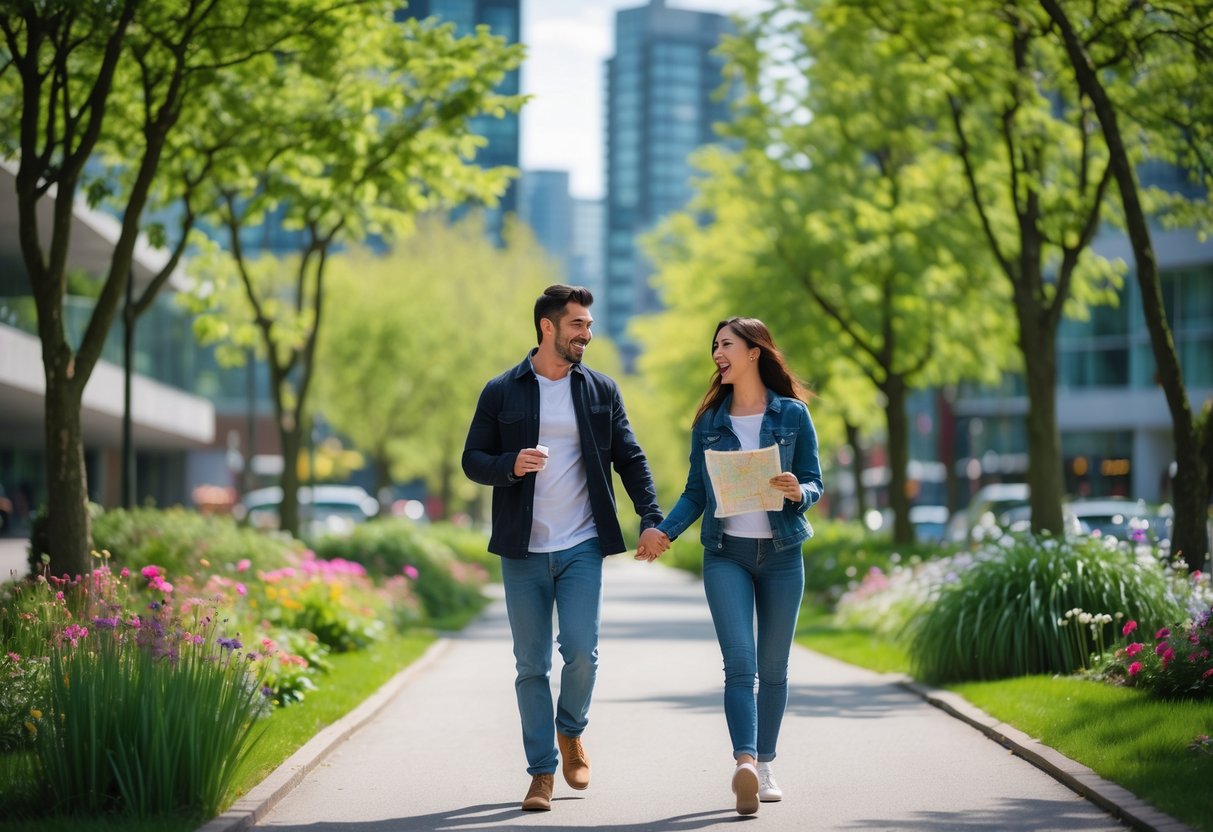 A couple walking together in a green park holding a map, participating in a scavenger hunt.