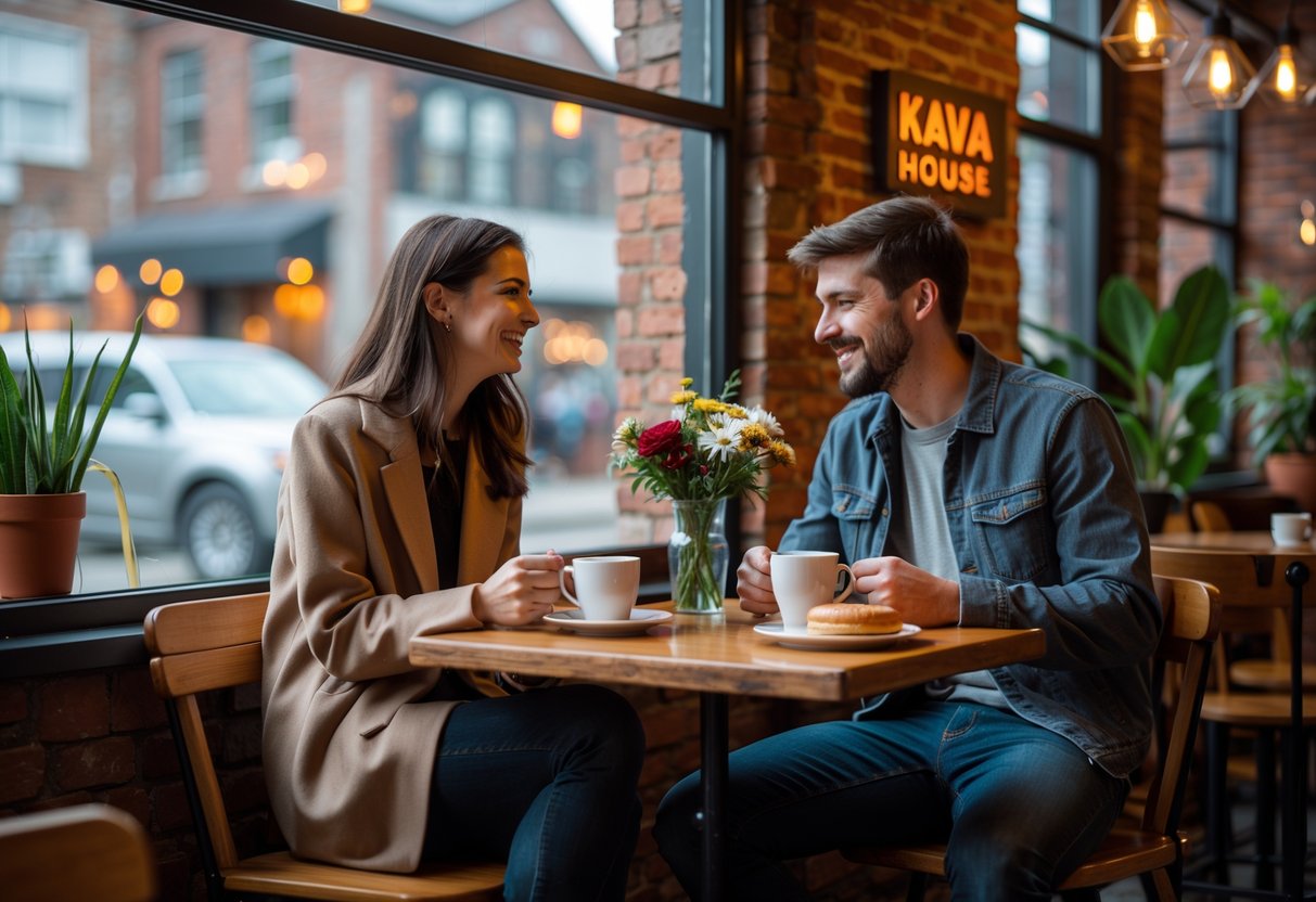 A young couple sitting at a coffee shop table, smiling and enjoying coffee together.
