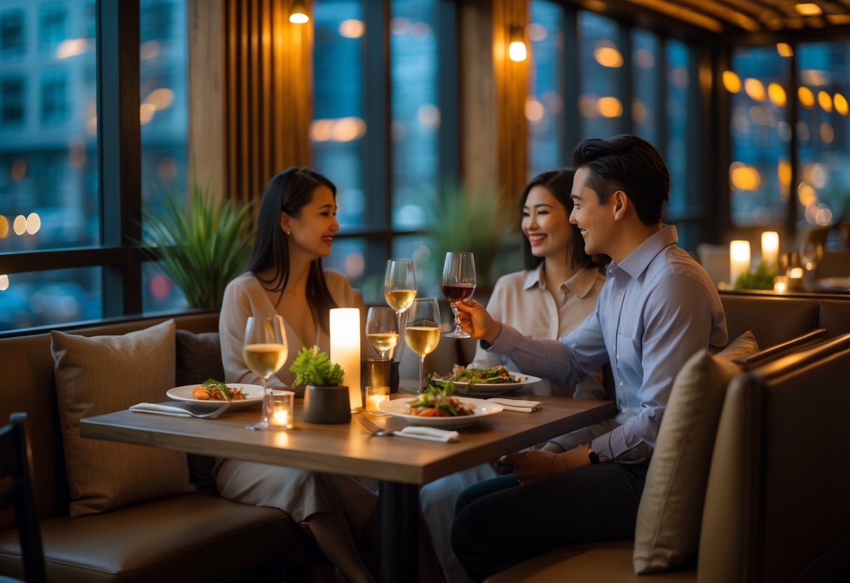 A couple enjoying a romantic dinner at a cozy restaurant with warm lighting and a city view outside.