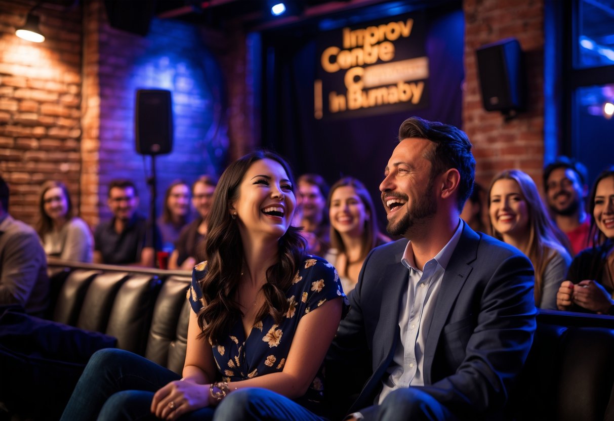 A couple laughing and enjoying a comedy show at a small, cozy comedy club with a stage and microphone.