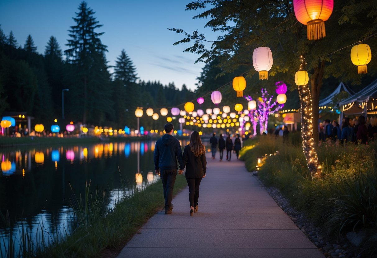 A couple walking hand in hand along a lit pathway by a lake at night with colorful festival lights and lanterns around them.
