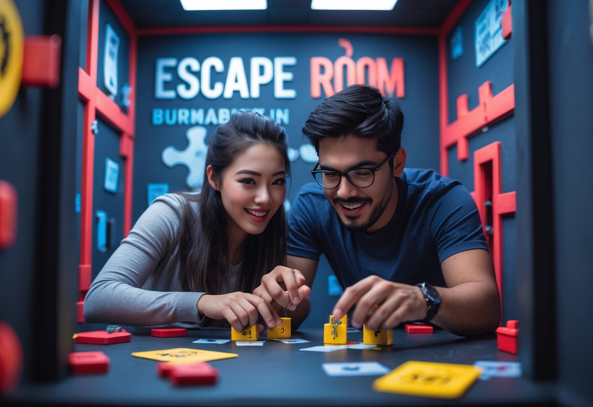 A young couple working together to solve puzzles in an escape room.