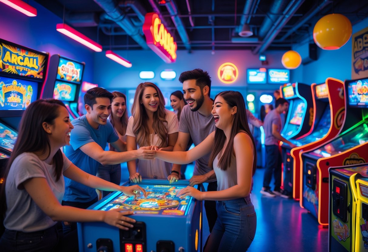 A young couple enjoying arcade games together inside a lively arcade with colorful lights and other people playing games around them.
