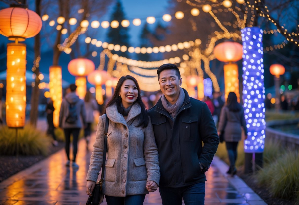 A couple walking hand in hand at an outdoor festival with colorful lights and lanterns glowing around them in the evening.