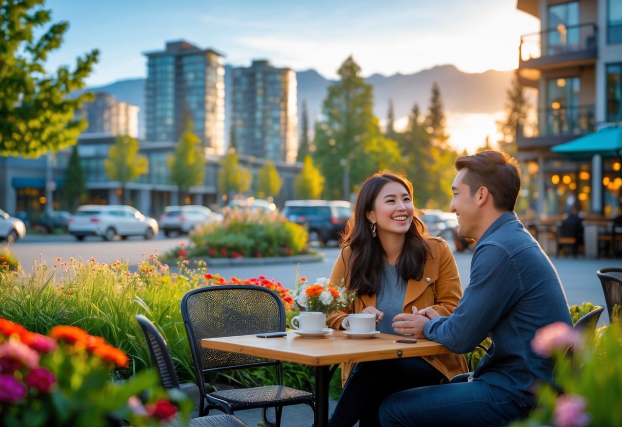 A young couple sitting at an outdoor café table surrounded by greenery with a cityscape and mountains in the background, enjoying a sunny day together.