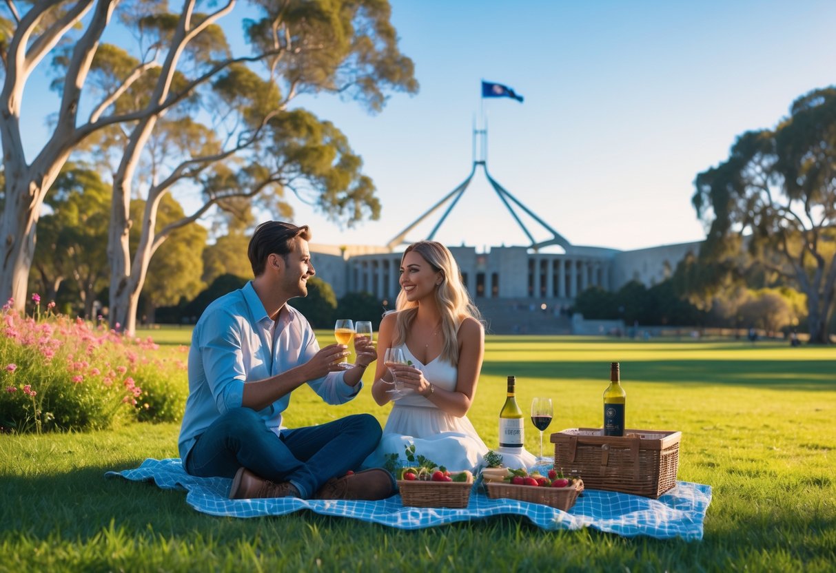 A young couple enjoying a picnic on green grass with Parliament House in the background under a clear blue sky.
