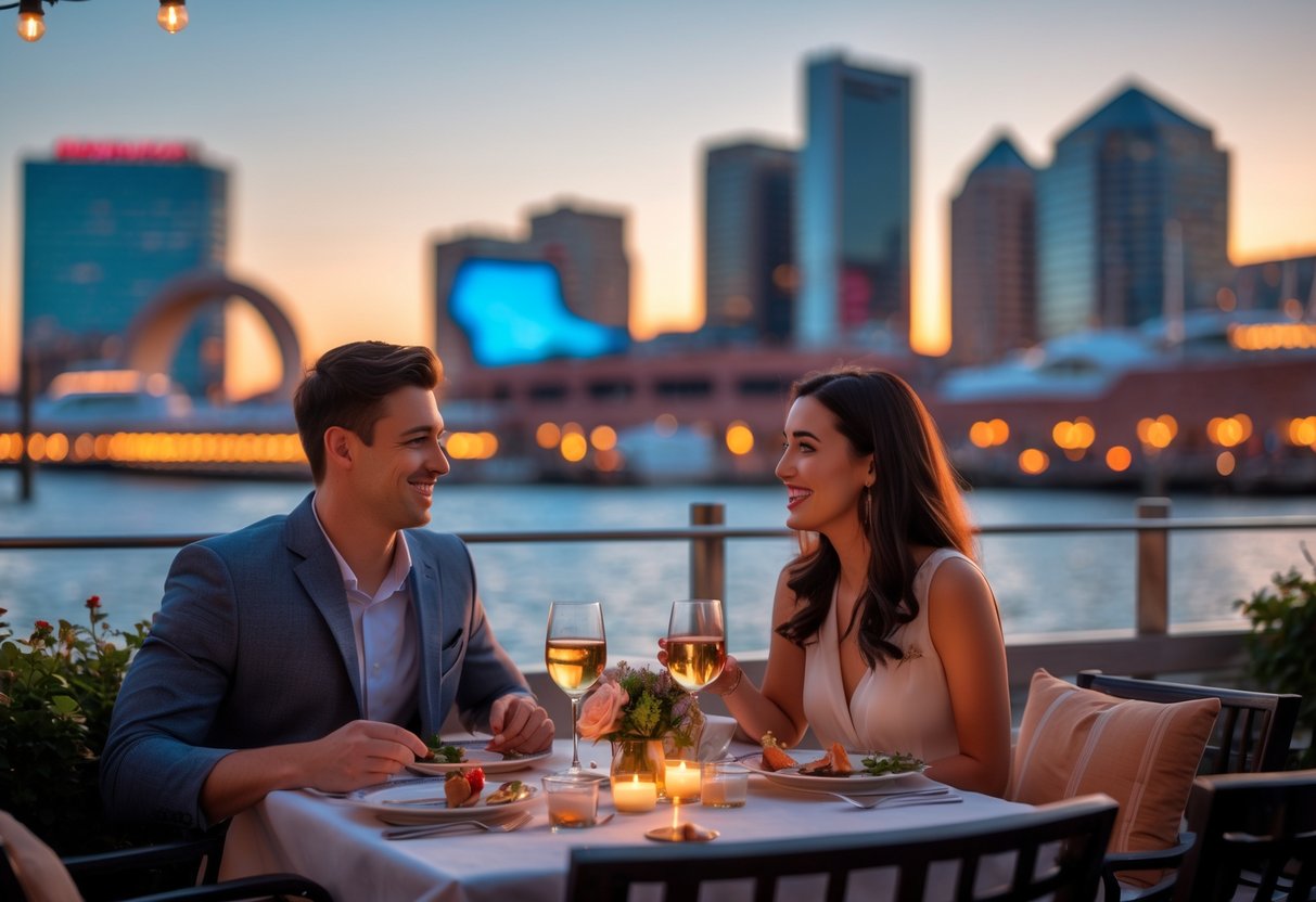 A young couple enjoying a romantic dinner at a waterfront restaurant with the Baltimore Inner Harbor skyline in the background.