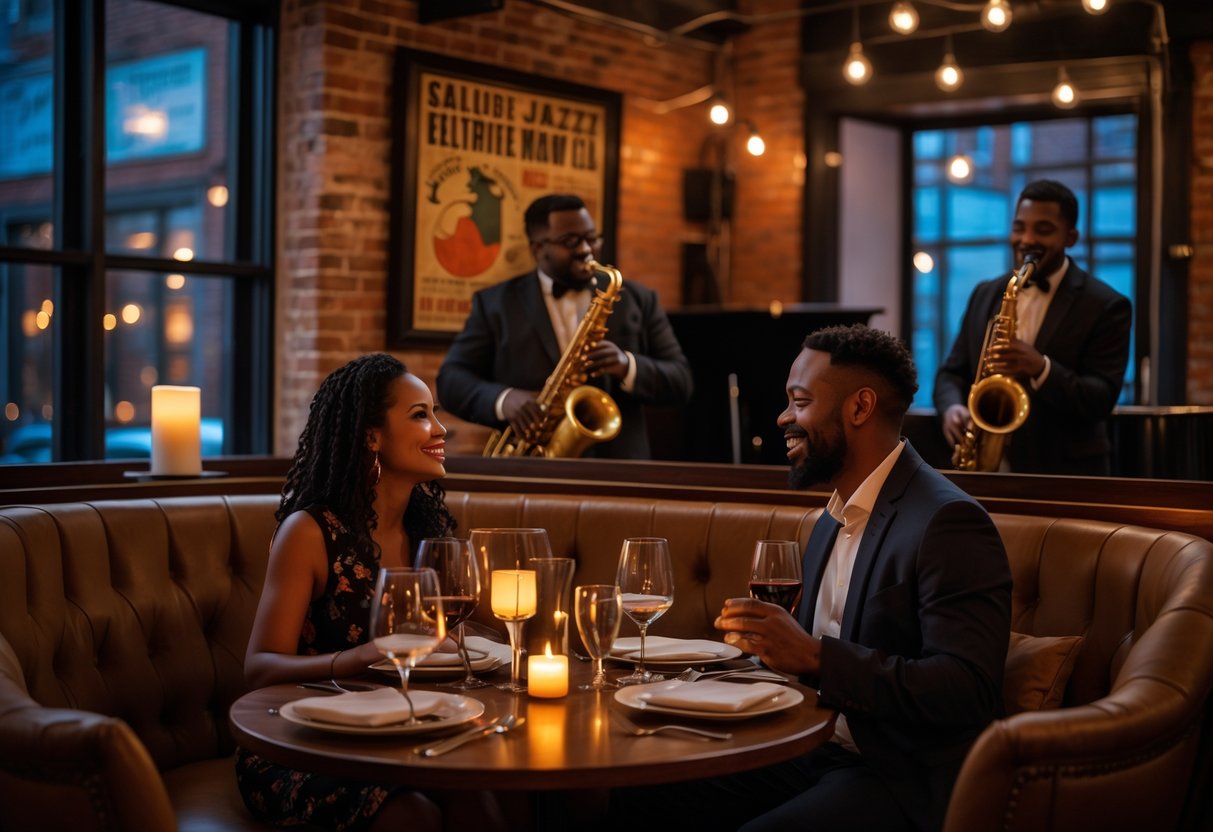 A couple having dinner at a cozy restaurant with a live jazz band playing in the background.