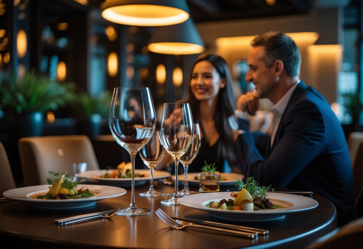A couple enjoying a romantic dinner at a stylish restaurant with a beautifully set table and warm lighting.