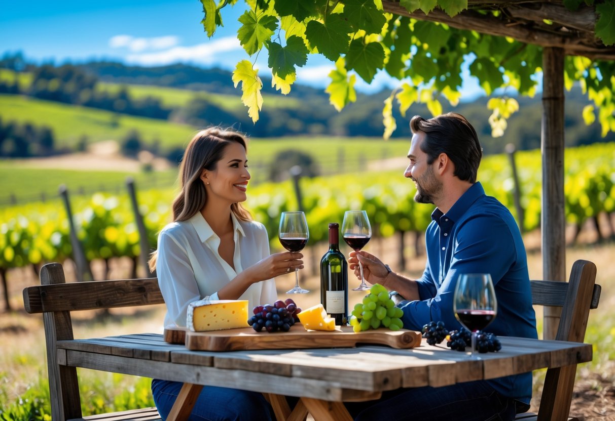 A couple enjoying wine tasting outdoors at a vineyard with grapevines and rolling hills in the background.