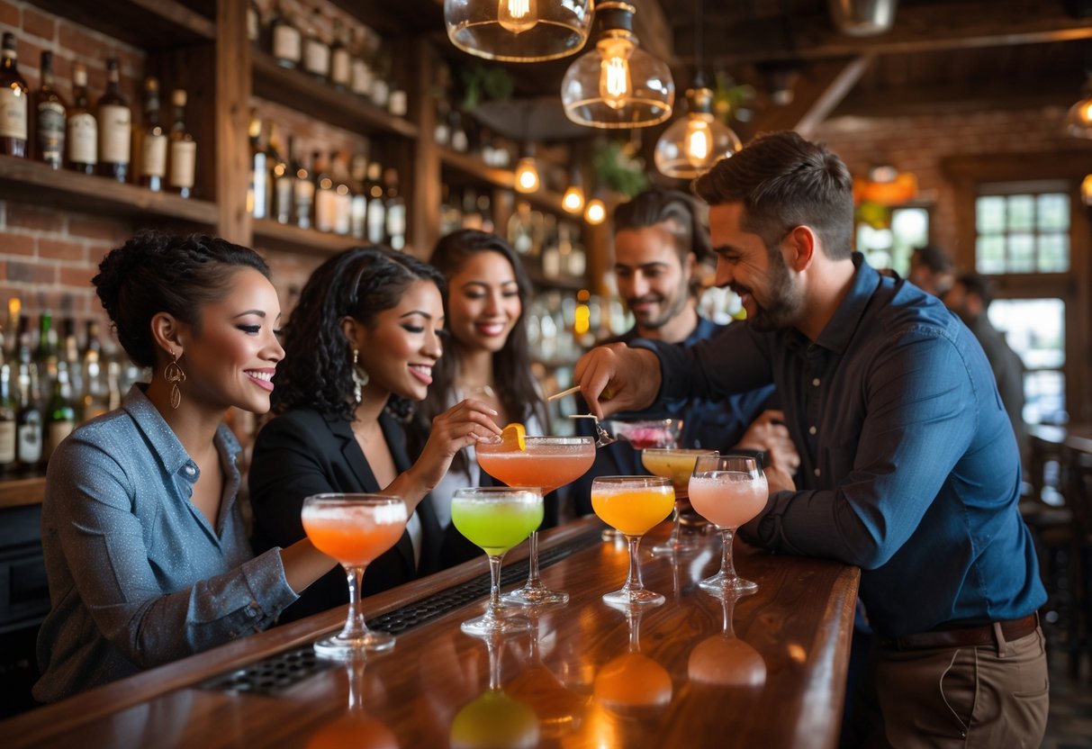 People enjoying a cocktail tasting at a rustic bar inside The Horse You Came In On Saloon in Baltimore.