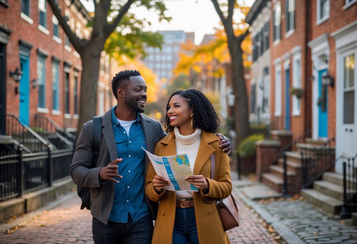 A couple walking through a historic Baltimore neighborhood, listening to a tour guide and enjoying the surroundings.