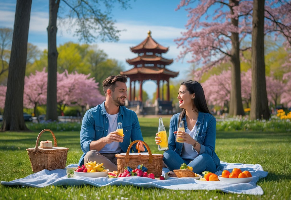 A young couple enjoying a picnic on a blanket in a green park with trees and flowers, with a pagoda visible in the background.