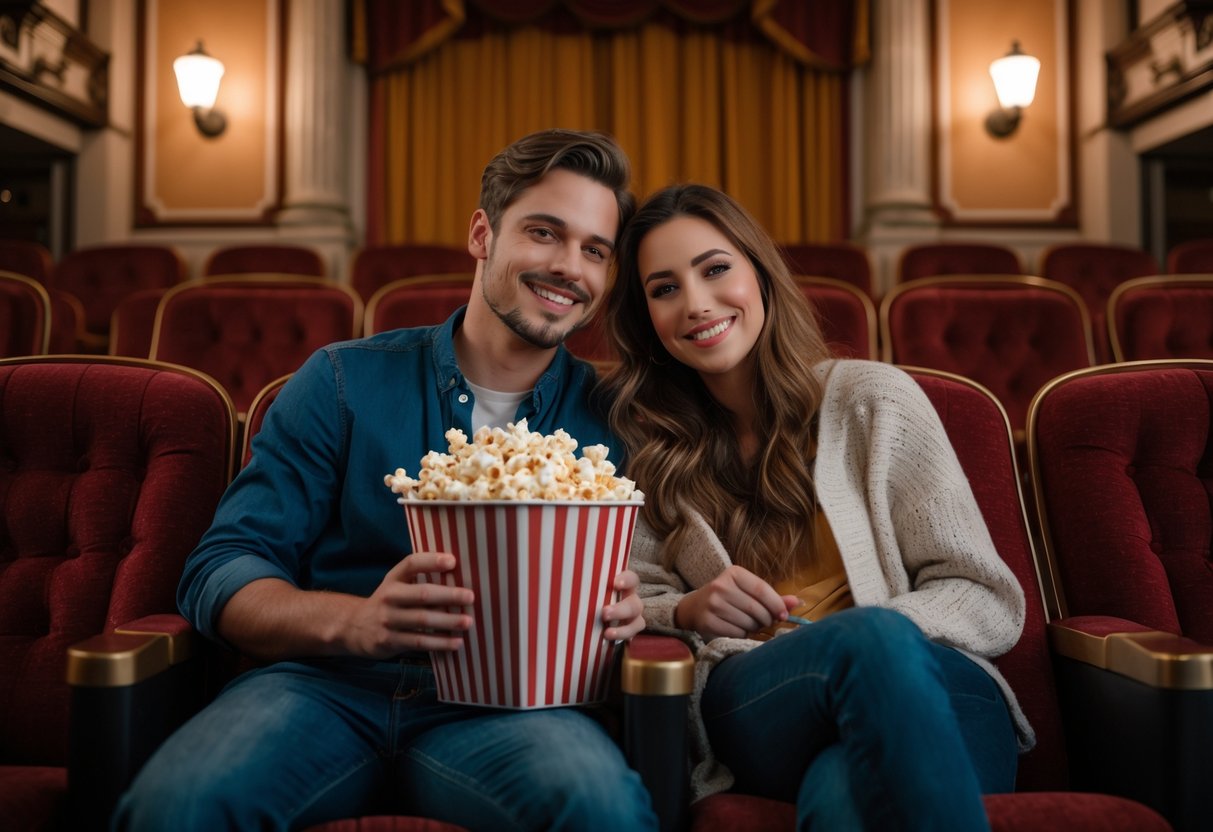 A young couple sitting together in a vintage movie theater sharing popcorn and enjoying a film.