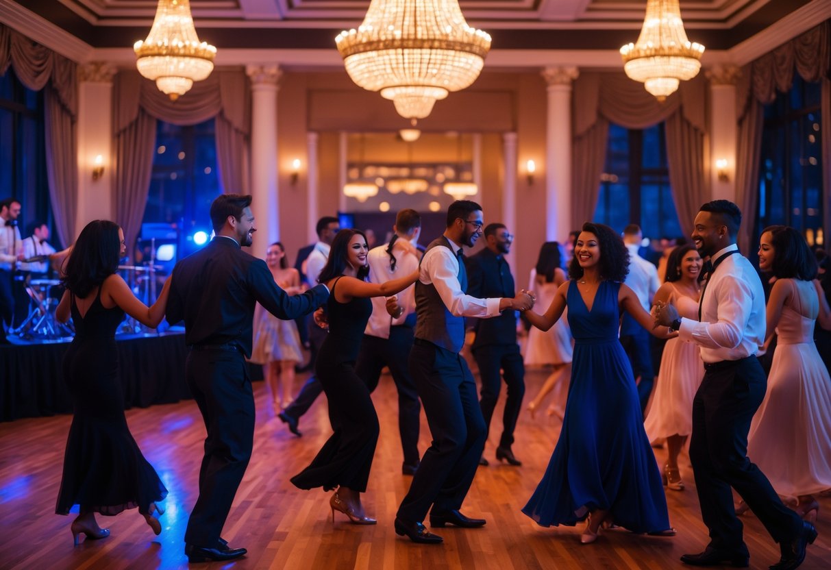 Couples dancing and enjoying a lively evening in an elegant ballroom with chandeliers and wooden floors.