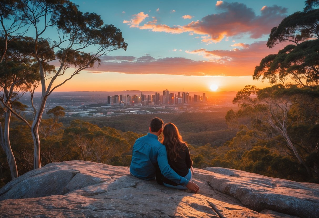 A couple sitting on a rocky lookout at Mount Ainslie watching the sunset over the Canberra city skyline surrounded by trees.