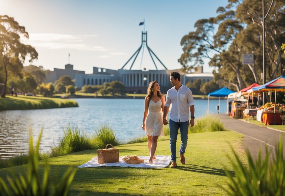 A couple enjoying a romantic outdoor date in Canberra with greenery and city landmarks in the background.