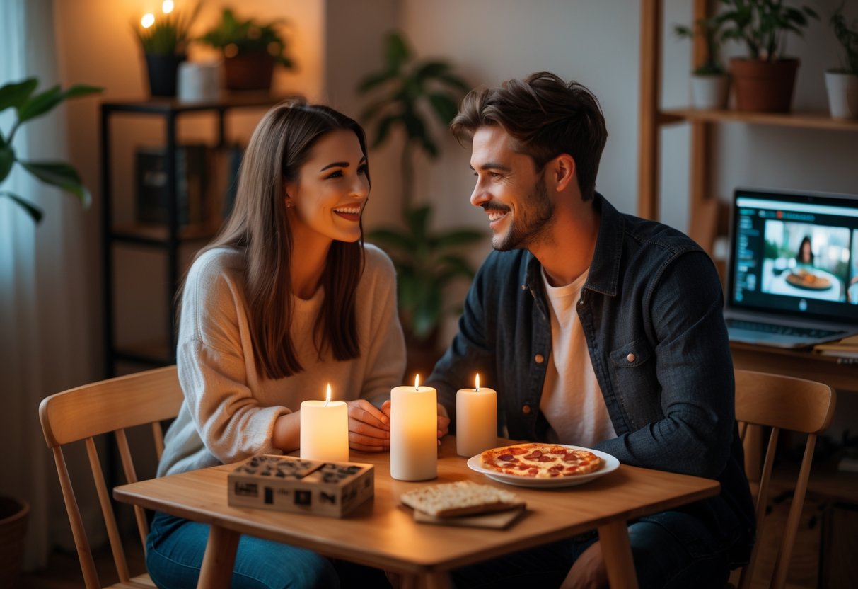 A young couple sitting at a small table enjoying a cozy date night with homemade snacks, candles, and a board game in a warmly lit room.