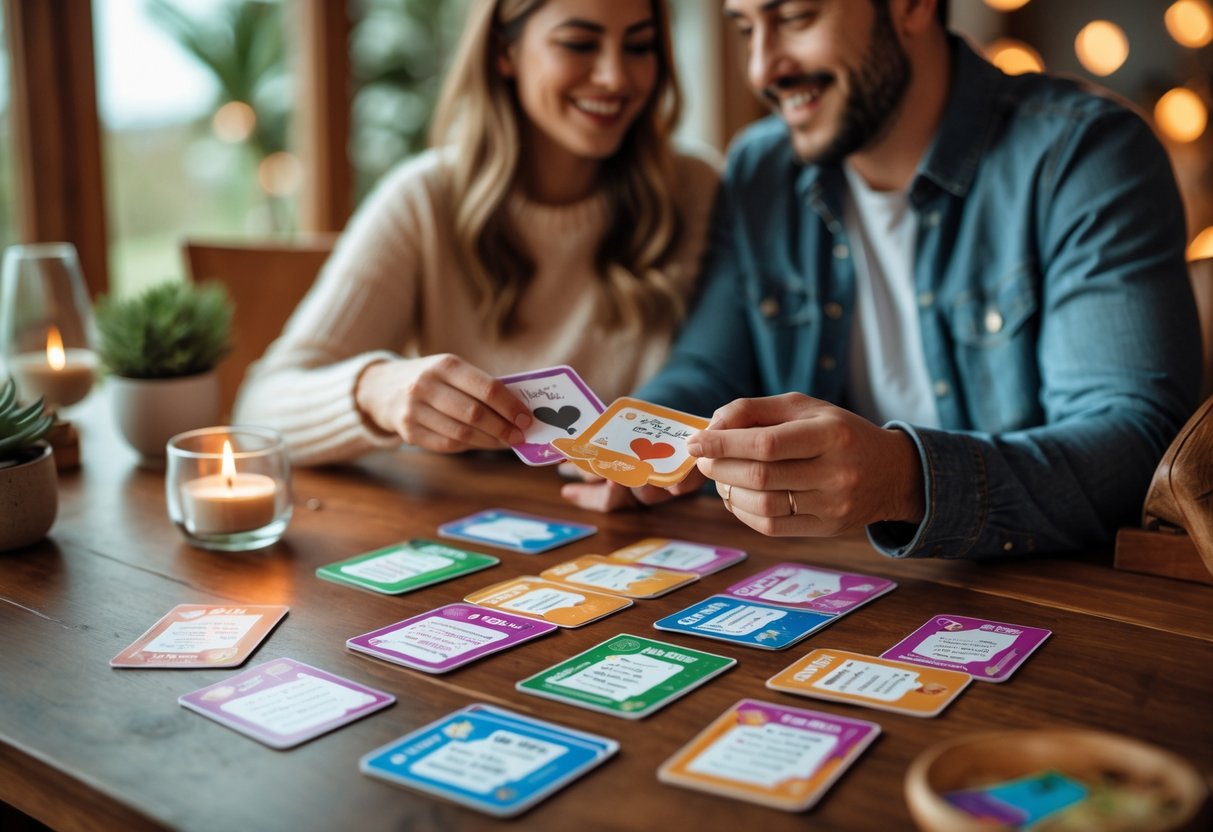 A couple sitting at a table playing card games together, smiling and enjoying a cozy date night.