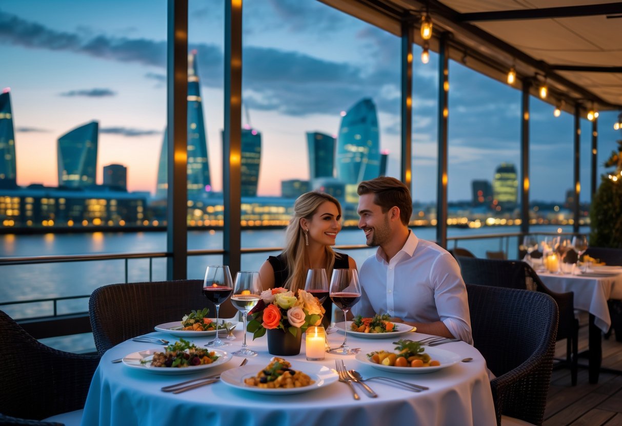 A couple enjoying a romantic dinner at an outdoor table overlooking the Canary Wharf skyline at dusk.