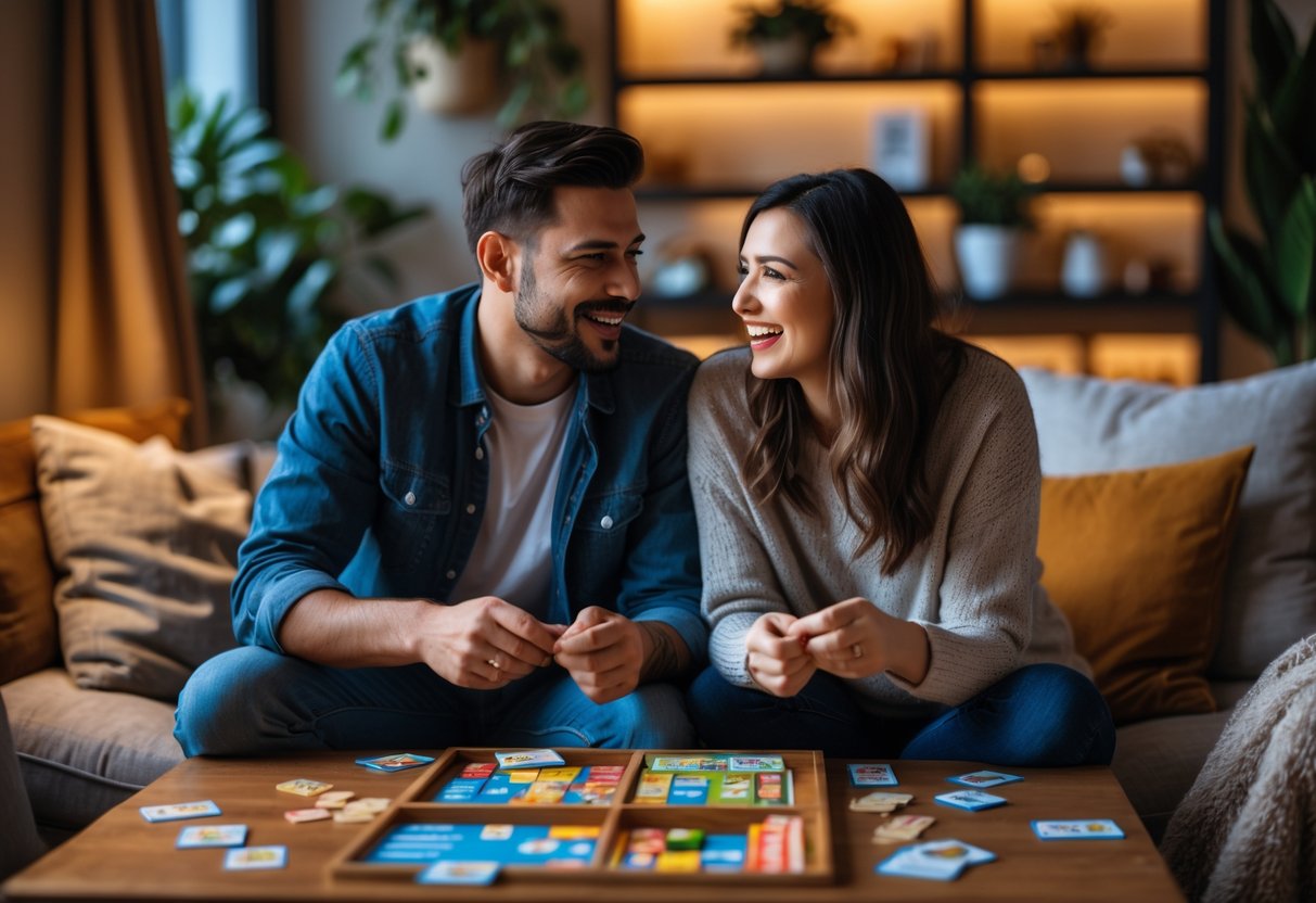 A couple sitting at a table playing board games and card games together indoors.