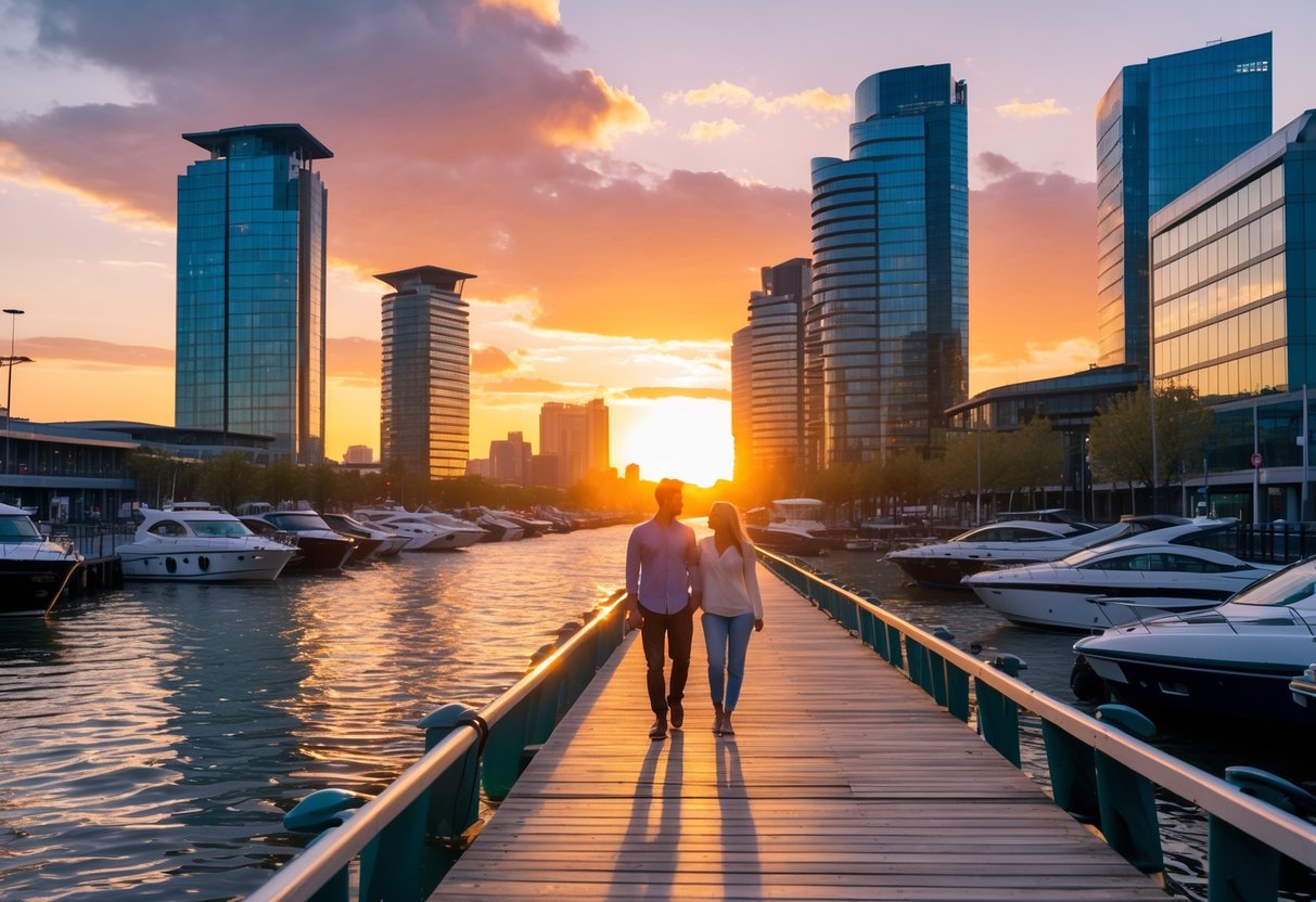 A couple walking hand in hand along a waterfront dock at sunset with city skyscrapers in the background.