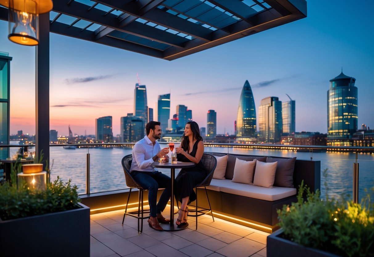 A couple enjoying drinks together at a rooftop bar with city skyline views during evening.