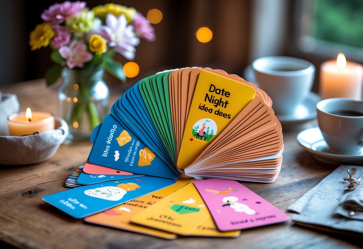 A wooden table with colorful date night idea cards arranged in a fan shape, surrounded by flowers, candles, and coffee cups.