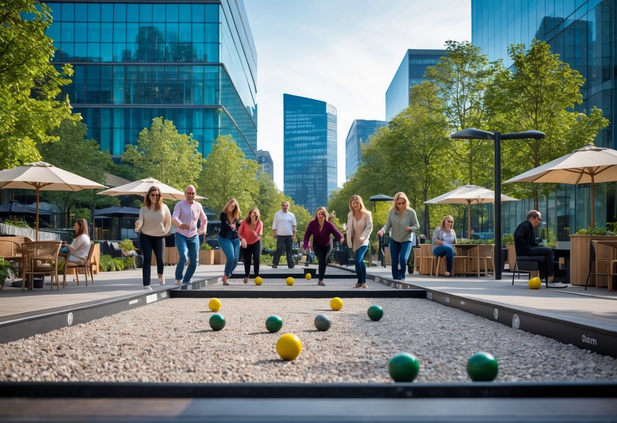 People playing pétanque outdoors at Canadian Square in Canary Wharf on a sunny day surrounded by modern buildings and trees.