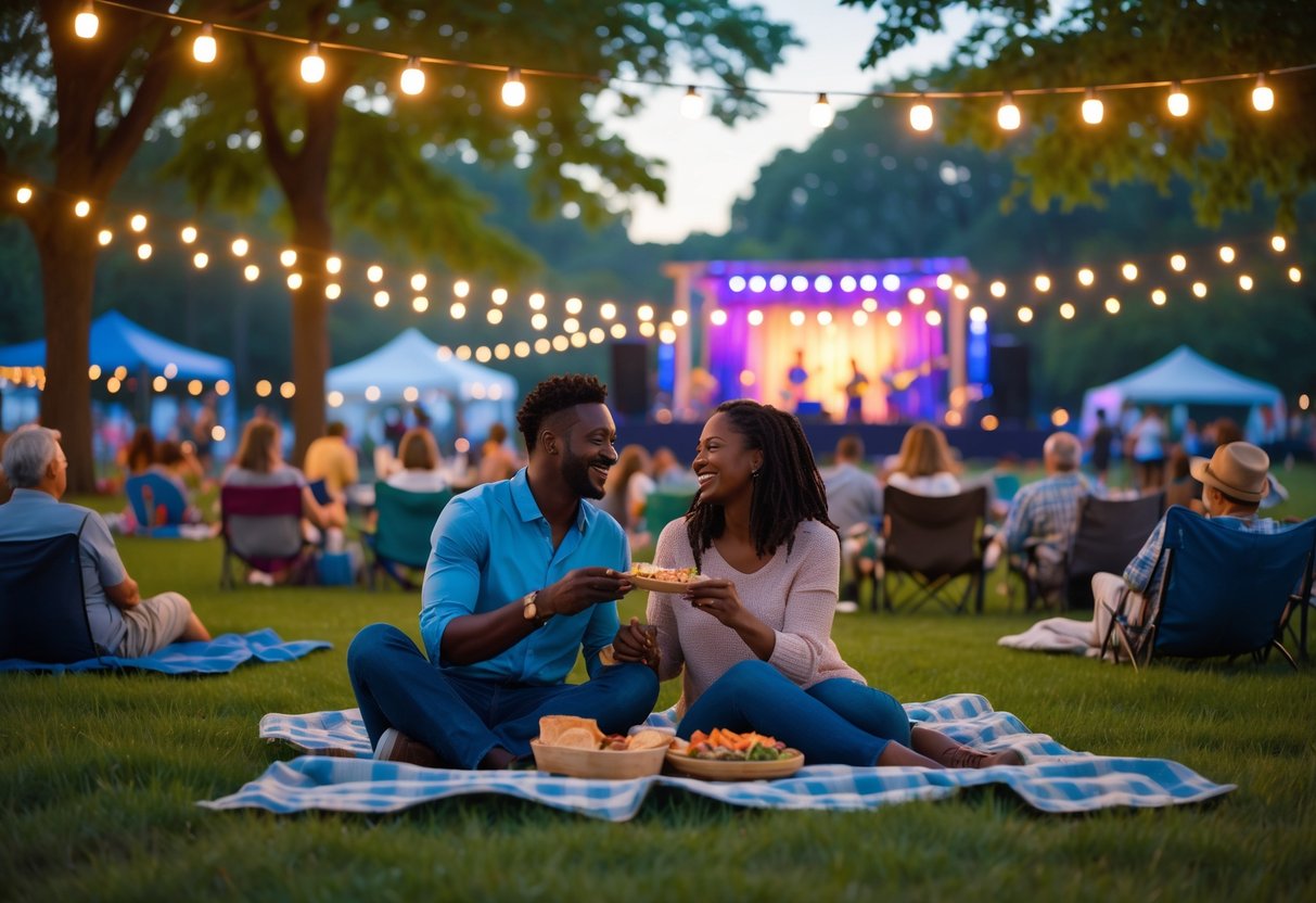 A couple enjoying an outdoor community concert at dusk, sitting on a picnic blanket with other people around and musicians performing on a stage.