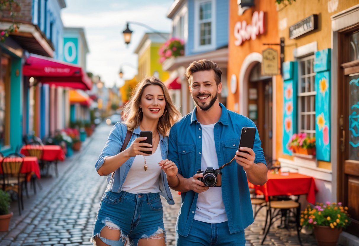 A young couple taking photos around a charming town during a photo scavenger hunt.