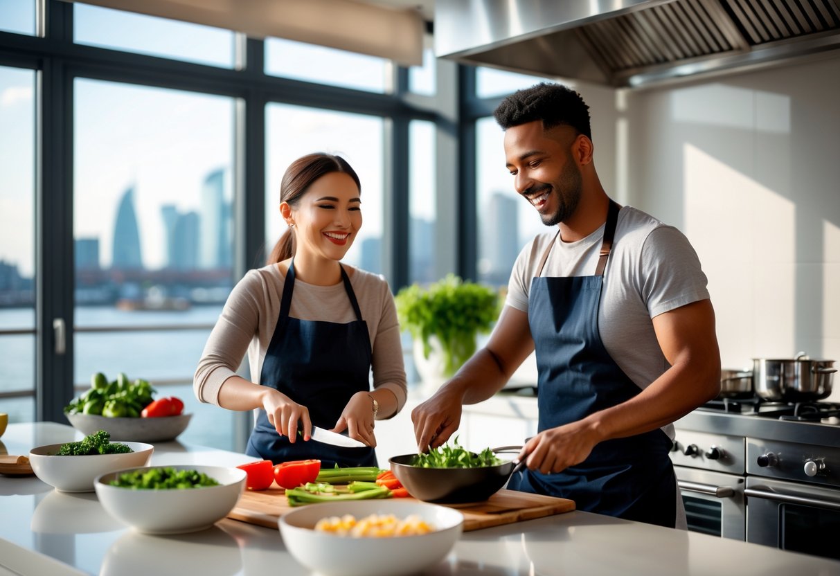 A couple cooking together in a bright kitchen with a city skyline visible through large windows.