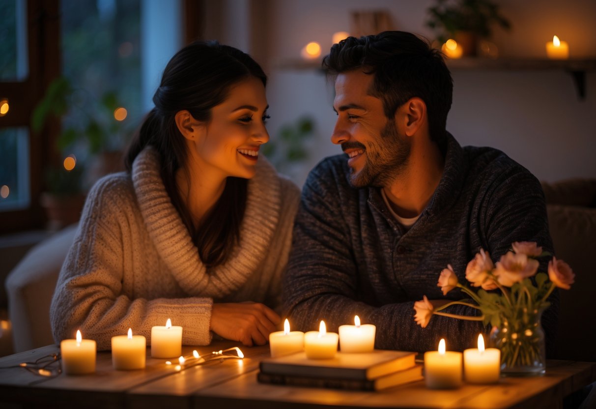 A couple sitting at a small table, talking and smiling by candlelight without any electronic devices.