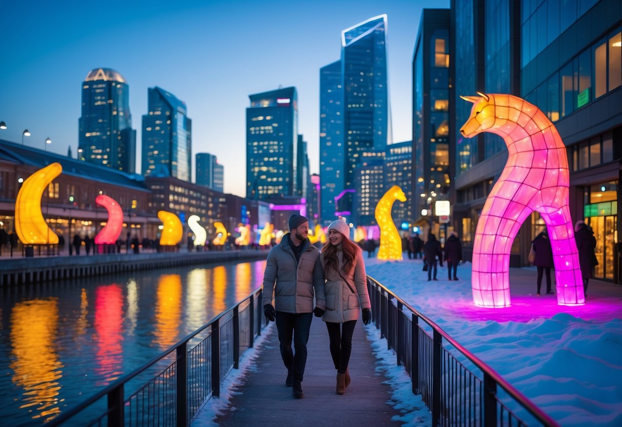 A couple walking hand-in-hand along a riverside promenade with colorful light installations and skyscrapers in the background during a winter evening.